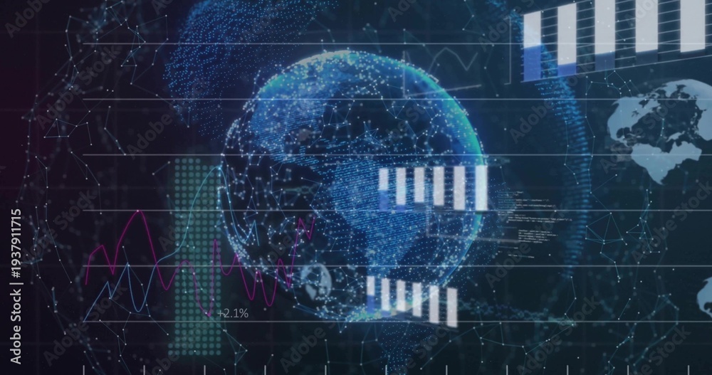 Fototapeta premium Displaying 3D Earth hologram rotating in virtual dashboard, showing line chart, bars, code overlays