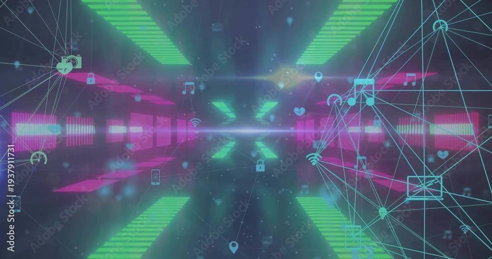 Fototapeta premium Glowing neon tunnel receding toward center in cyberspace with floating icons and wireframe mesh