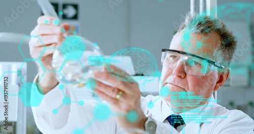 Inspecting researcher in white coat and goggles using pipette on flask in lab, turquoise overlays