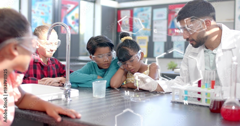 Fototapeta premium Guiding instructor in lab coat and goggles demonstrating pipette in school lab, with test tubes