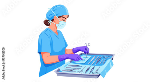 Surgical nurse organizing sterile instruments on medical tray
