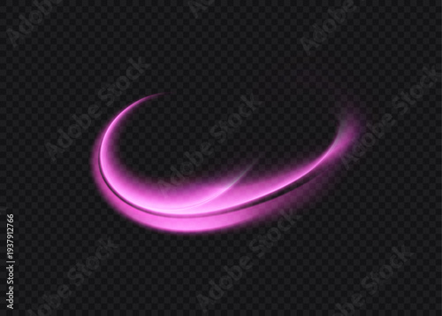 A bright purple glowing curved swirl with a magical light effect. Glow effect for design
