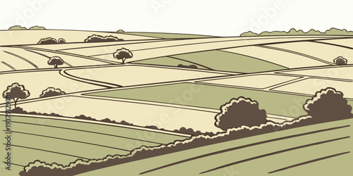 Aerial view of a patchwork farm with various fields Vector
