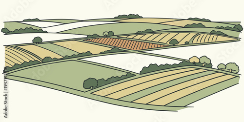 A field of golden wheat with lush green trees and grass Vector