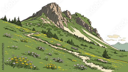 A green mountain with flowers on the side Vector