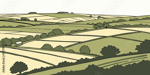 Aerial view of a patchwork farm with various fields Vector