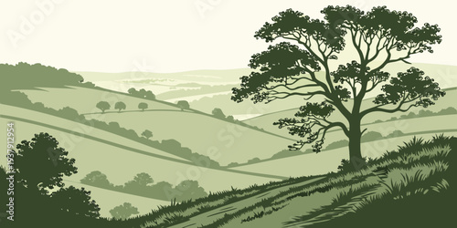 A tree on a rolling green hill with hills in the background Vector