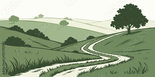 A green landscape with a large tree on a hill Vector