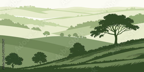 A serene landscape with trees on a hillside Vector