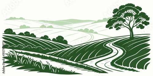 A green landscape with a winding road and a tree Vector