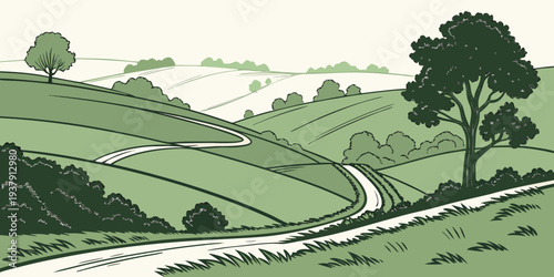A green landscape with a winding road and trees Vector