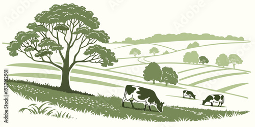 A serene pastoral scene with a tree, sheep, and a landscape of rolling hills Vector