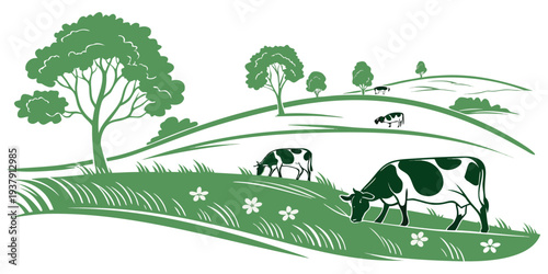 A peaceful countryside scene with cows grazing in a lush green field. Vector