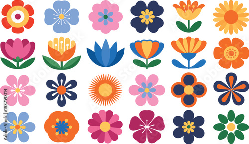 Vibrant collection of stylized floral illustrations in various shapes and colors