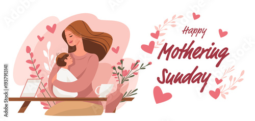 Mother and child celebrating Mother's Day warm embrace floral decorations pink hearts table vase modern flat style