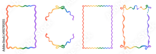 Set of hand drawn frames with wavy squiggle curly edges and rainbow gradient colors. Whimsical borders with abstract lines and retro scalloped corners for invitations, posters, social media. Vector.