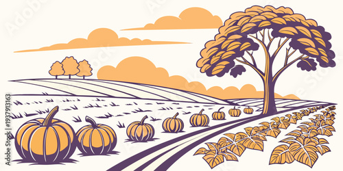 A serene autumn landscape with trees, a winding road, and a peaceful countryside setting Vector