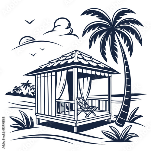 A serene beach hut surrounded by palm trees and a clear blue sky. Vector