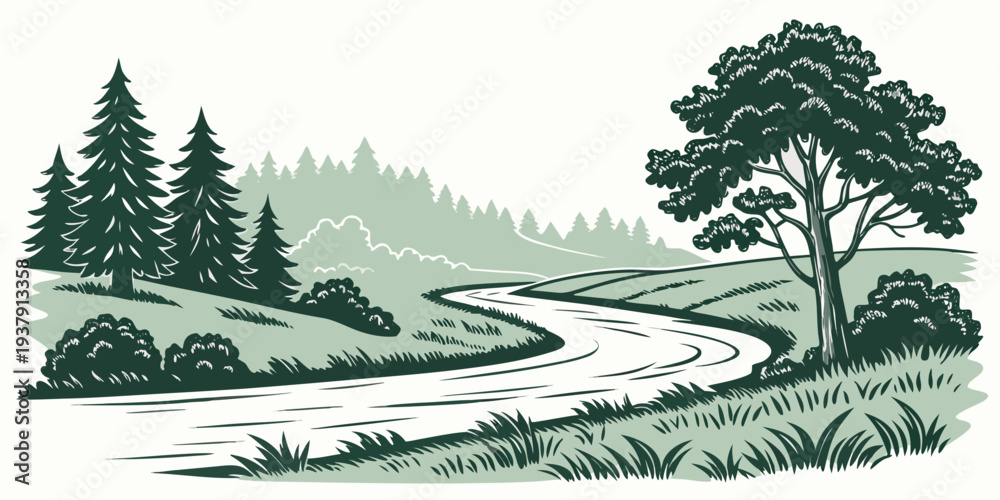 Fototapeta premium A serene landscape with a winding path through a lush forest and a tranquil stream. Vector