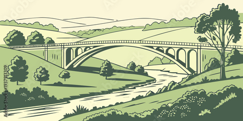 A serene landscape painting of a countryside with a river and lush greenery Vector