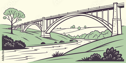 A picturesque bridge spanning over a serene river with lush greenery on both sides Vector