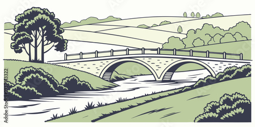 A serene countryside landscape with rolling hills and a winding river Vector