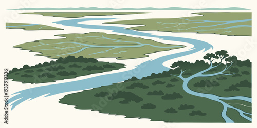 Aerial view of a river winding through a lush, green landscape with mountains in the distance Vector