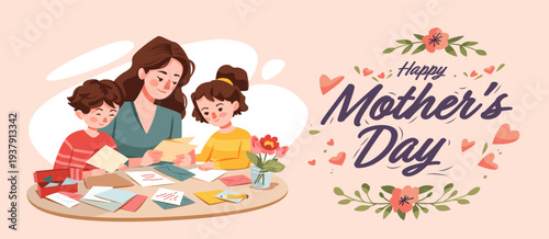 Mother's Day family celebration mom children making greeting cards flowers hearts pastel background website banner