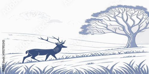 A majestic reindeer gracefully running through a serene winter forest landscape Vector