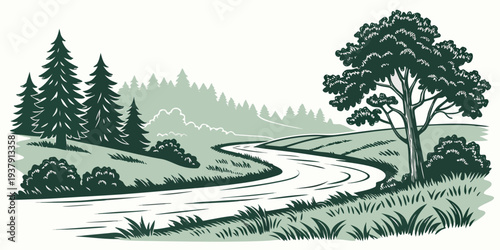 A serene landscape with a winding path through a lush forest and a tranquil stream. Vector