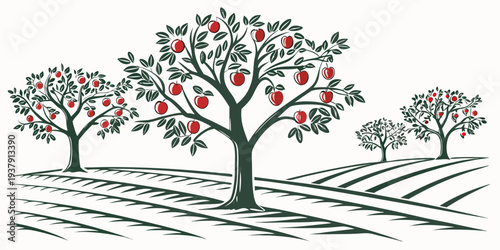 A serene landscape featuring two trees with vibrant autumn foliage on a gentle hillside Vector