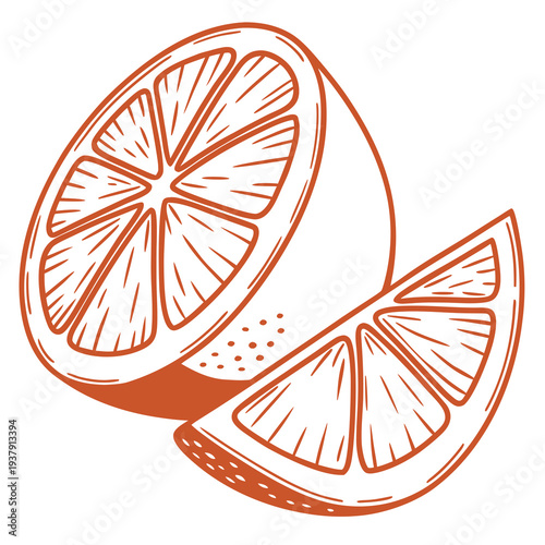 A vibrant illustration of three fresh oranges with a slice separated from the whole. Vector