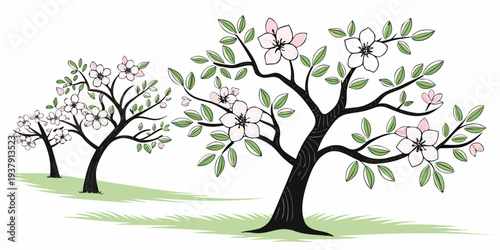 A serene landscape with three bare trees standing on a grassy hillside. Vector