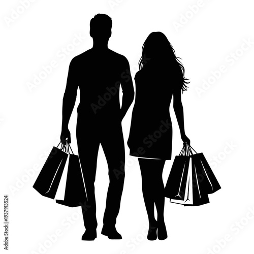 Vector silhouettes of a happy couple walking together with shopping bags, featuring a man and woman with long flowing hair carrying paper bags