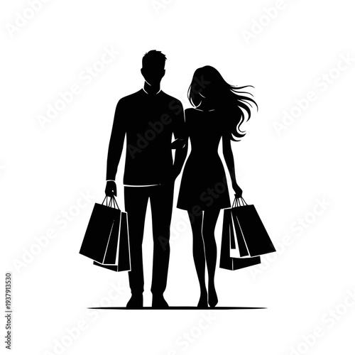 Vector silhouettes of a happy couple walking together with shopping bags, featuring a man and woman with long flowing hair carrying paper bags