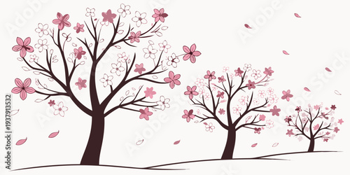 Three cherry blossom trees in a serene landscape with pink flowers and bare branches Vector
