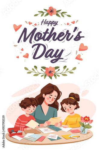 Mother's Day family celebration mother children making greeting cards flowers hearts festive table home decor