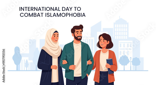 Illustration of diverse people standing together in solidarity on International Day to Combat Islamophobia with a cityscape background promoting religious tolerance and social inclusion.