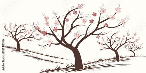 A serene winter scene with bare trees and delicate pink blossoms Vector