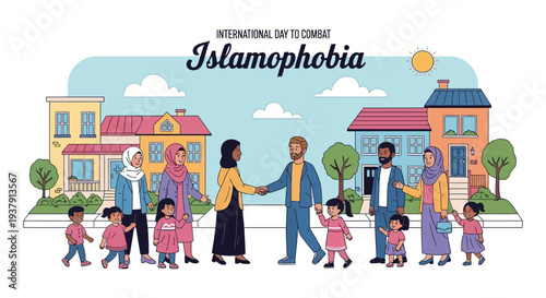 Illustration of diverse people of different ages and ethnicities walking together in a neighborhood, promoting unity and religious tolerance on International Day to Combat Islamophobia with