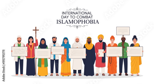 Illustration of diverse people holding signs on International Day to Combat Islamophobia, promoting anti-discrimination and religious tolerance with a flat design on a white background.