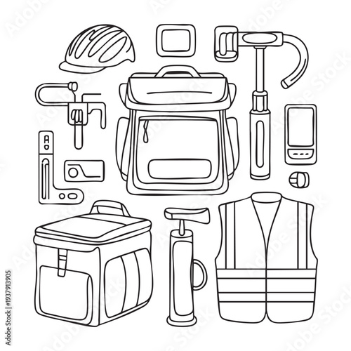 Black and white line of hiking and safety gear including backpack, helmet, vest, and tools