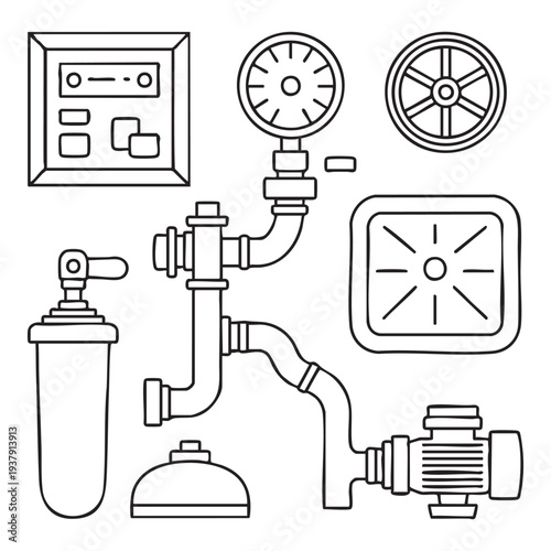 Black and white line of industrial water treatment system components industrial equipment