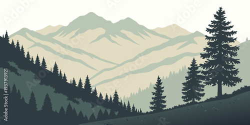 Majestic mountains towering over a serene forest landscape with misty peaks and lush greenery Vector
