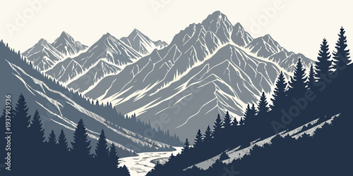 Majestic mountain range with snow-capped peaks and lush green forests below Vector