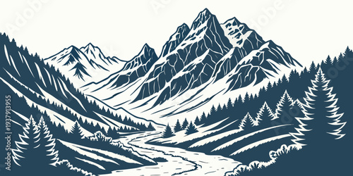 Majestic snow covered mountain range with deep valleys in between Vector