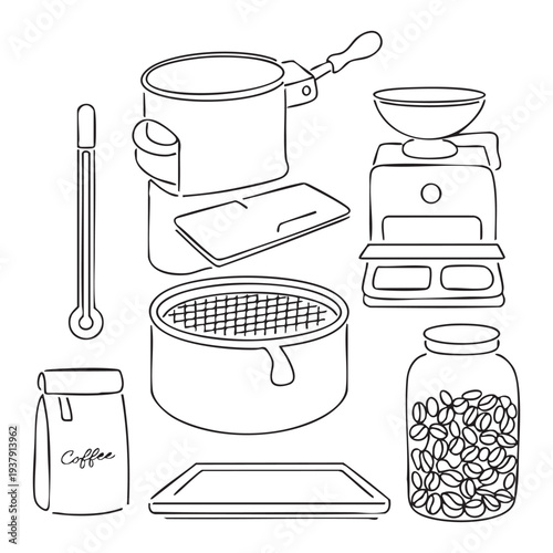 Black and white line of kitchen utensils and coffee beans in jars line kitchen utensils