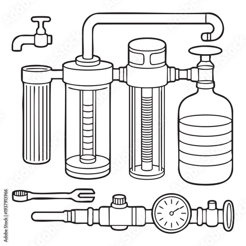 Black and white of a water filtration system with various components and tools faucet