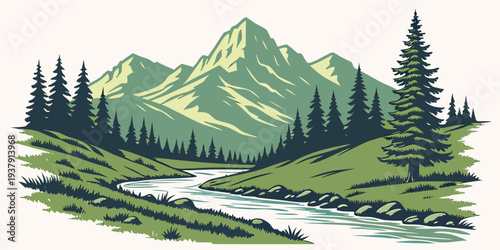 A serene mountain landscape with a winding river and lush greenery Vector