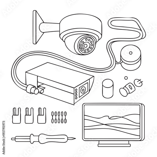 Black and white line of security camera system with monitor and tools surveillance system